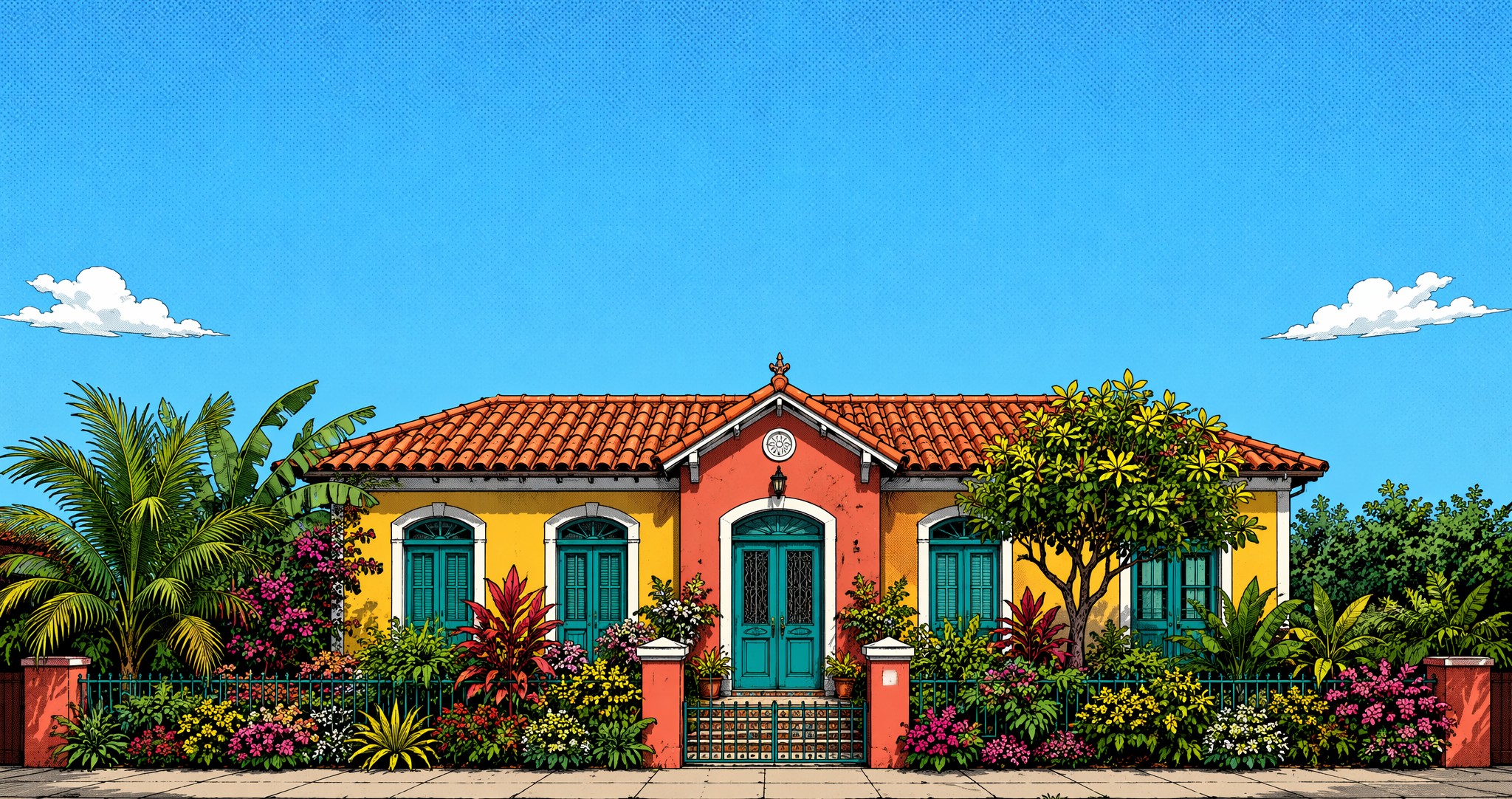 Casa colorida estilo quadrinhos com jardim, calçada e rua em dia ensolarado
